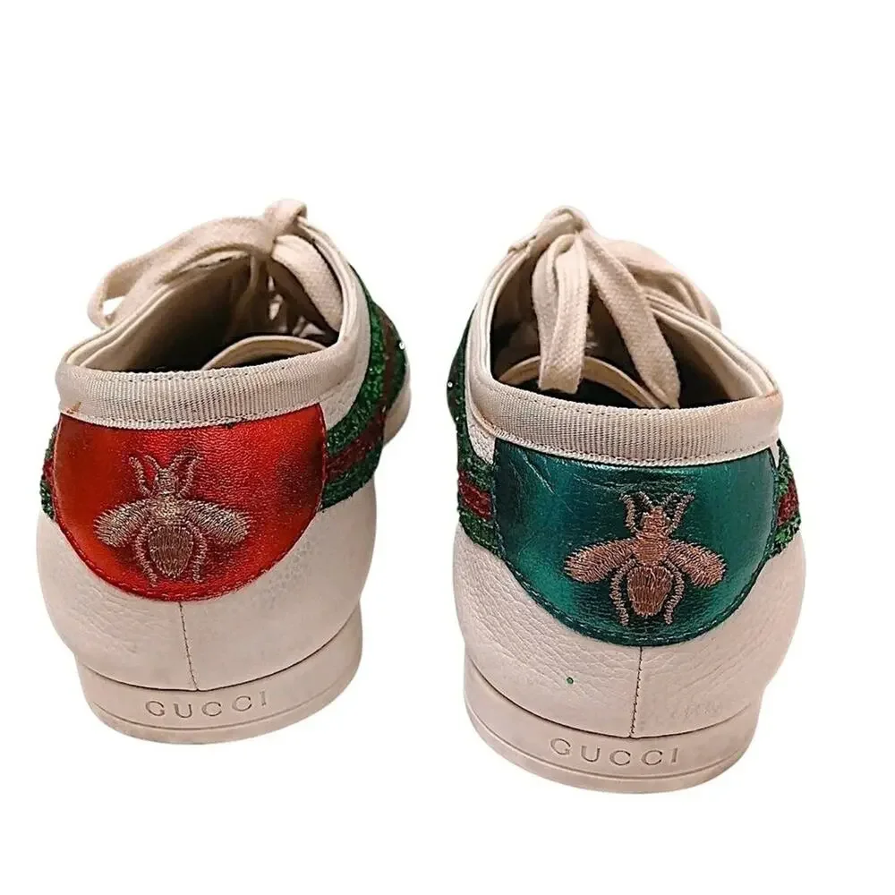 RARE Gucci Falacer Glitter Sneakers Men Sz 7 White Leather Green Red SPARKLE